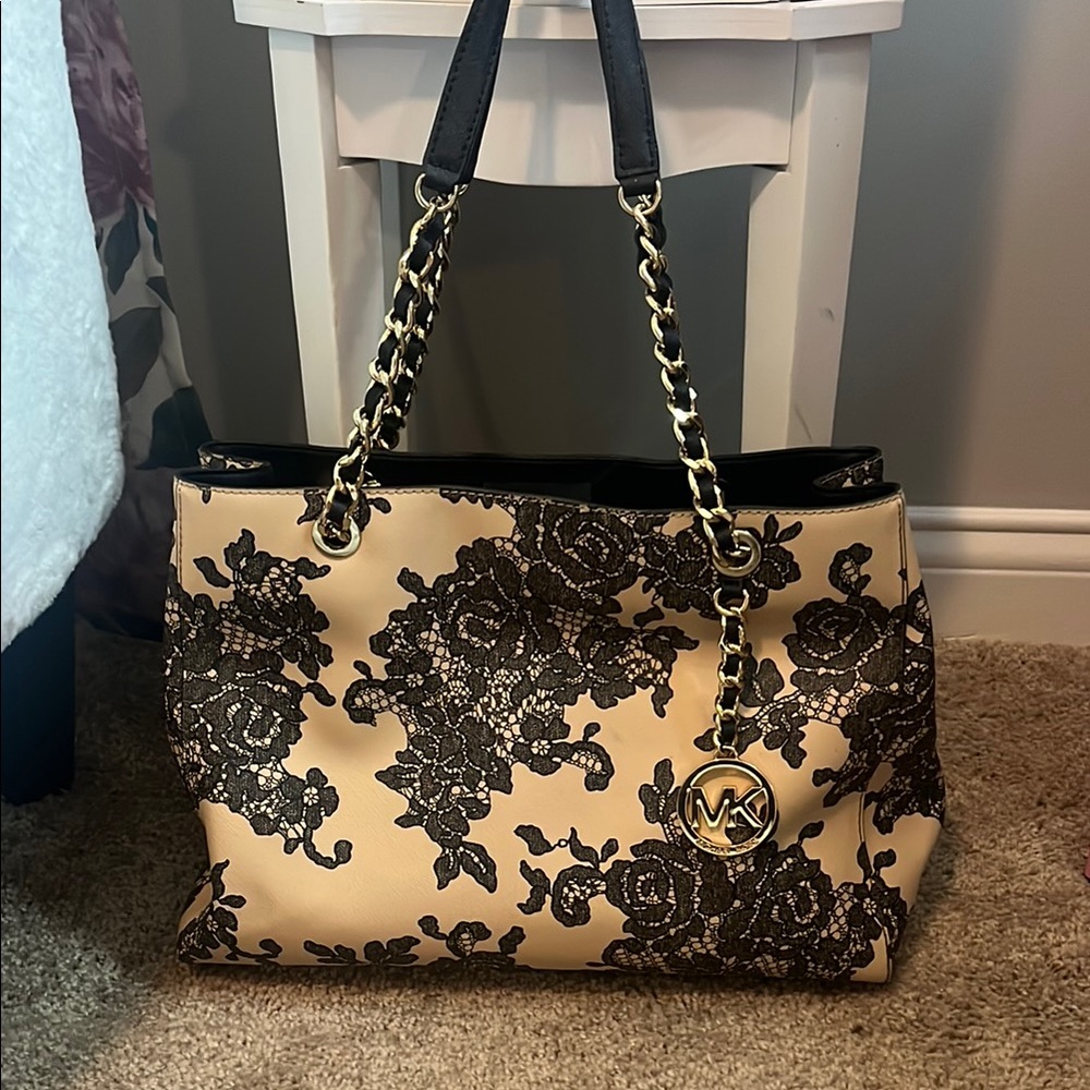 Michael Kors Black and Tan Floral Tote Bag